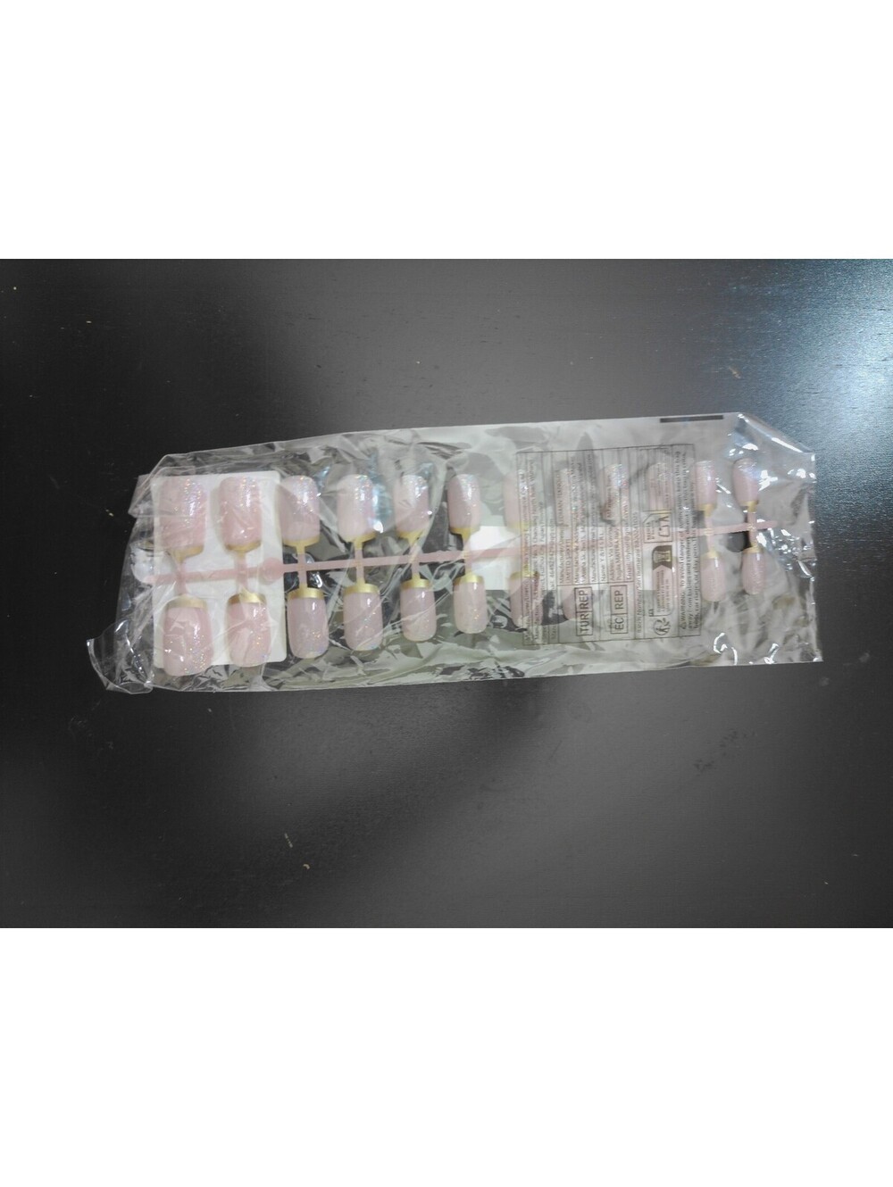 Press On Nails Pink Gold Marble French Tip Fake Nails Y2K Glitter Full Set New